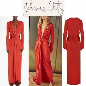 Johanna Ortiz Neptunium Long Sleeve Plunge Neck Maxi Dress sz 8 Red Plum 1850$
